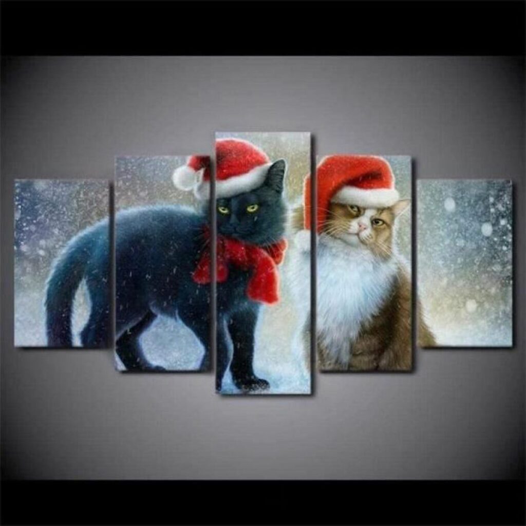5 Panneaux Impressions sur Toile Chat De Noël - 100x50cm 5 Panneaux Impressions sur Toile Chat De Noël - 100x50cm