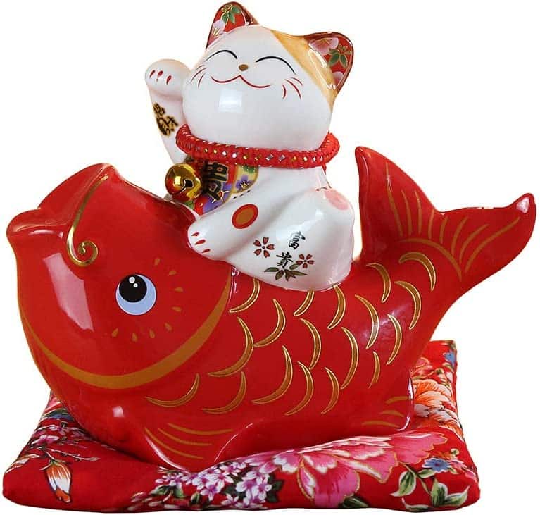Tirelire chat porte-bonheur chinois Feng Shui en céramique rouge Maneki Neko